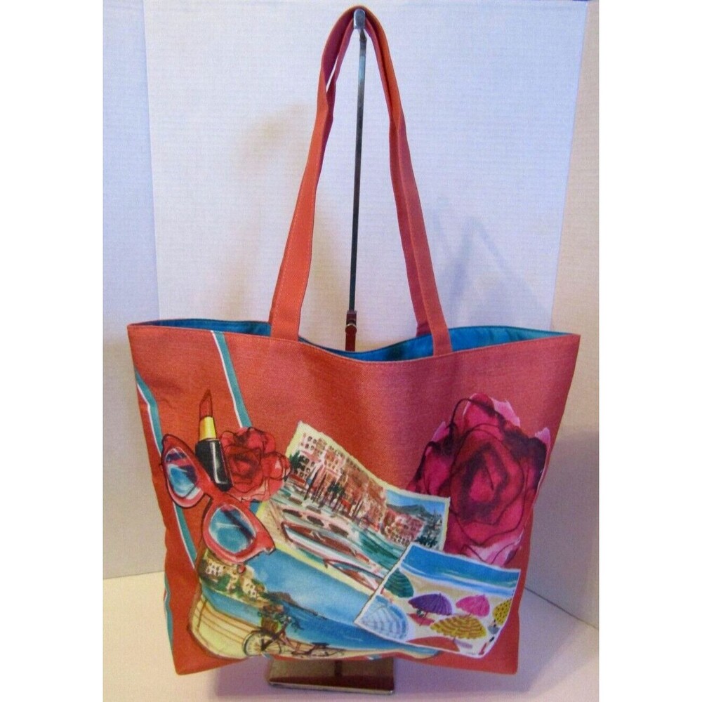 Lancome Paris Coral Tote Shoulder Bag French Riviera Postcard Beach NIP - Picture 2 of 6